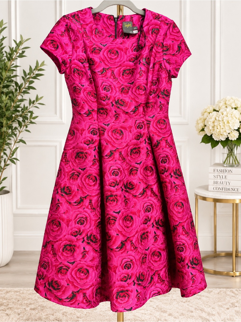 Taylor Dresses Hot Pink Rose-Print Fit & Flare Mini Dress